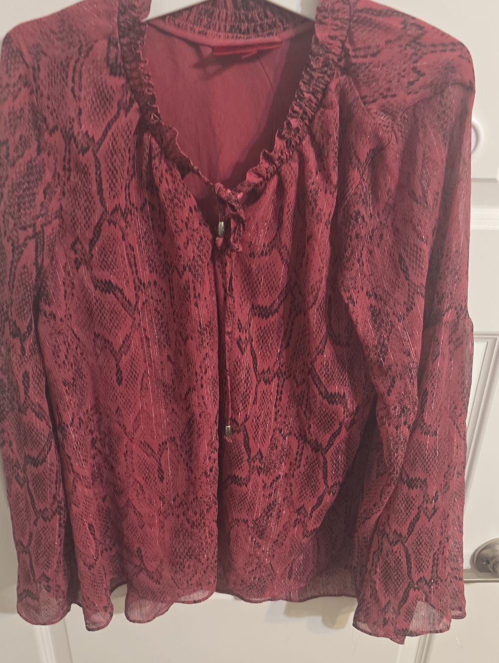 Jennifer Lopez Burgundy Snake-Print Tie-Neck Blouse
